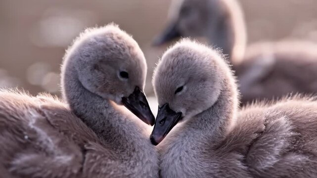 Two adorable cygnets touching beaks, a heartwarming moment of affection and tenderness.