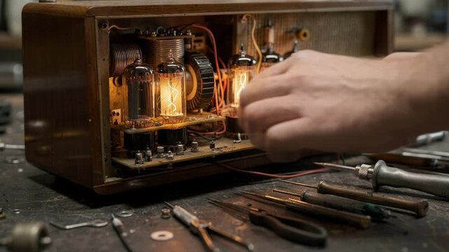 Side angle on a partially open tube radio revealing internal components repairers tools in sharp focus background radio parts fading into soft blur.