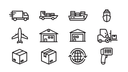 Fototapeta premium Logistics Icons Set: Delivery Truck Airplane Ship Warehouse Forklift Package Globe Barcode Scanner