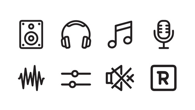 Music and Audio Icons Set: Speaker Headphones Note Microphone Soundwave Controls Mute Record