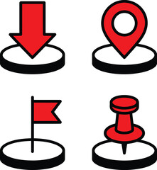 Four distinct icons representing download, location, flag, and pin Vector