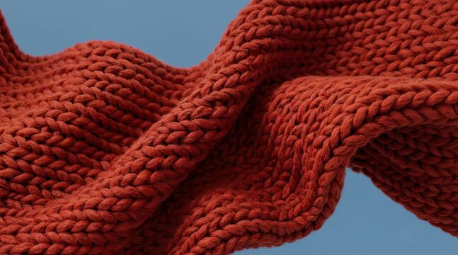 Chunky knitted wool fabric flowing slow motion. Thick yarn textile shows warm texture and cozy handmade pattern. Video for winter backgrounds and craft branding.