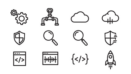 Technology Icons: Cloud Security Code Search Pipeline Rocket Gears Chart © VCT