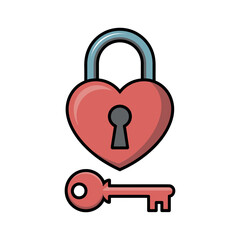 A heart shaped lock with a key on a white background symbolizing love and security