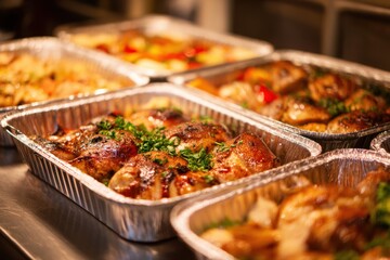 Obraz premium Roasted chicken thighs and drumsticks garnished with fresh herbs are served in aluminum foil catering trays at a commercial kitchen or food event.
