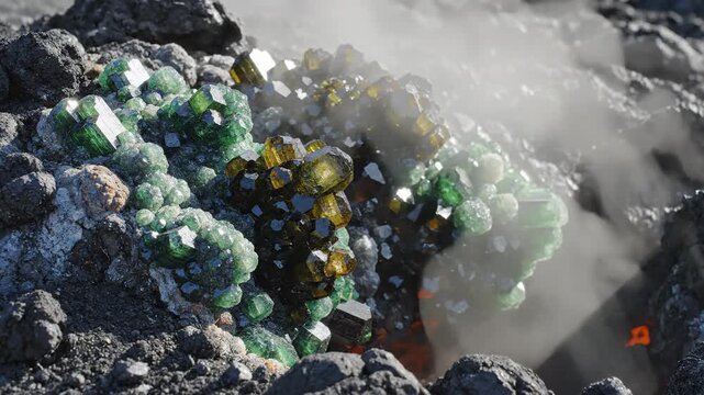 Vesuvianite Crystals Adorn Volcanic Vent Amidst Steam