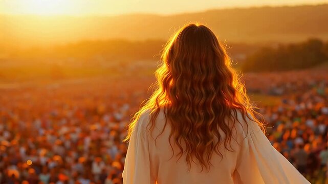Woman with long hair at sunset in crowd