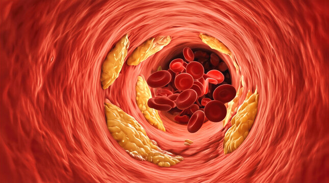 Arterial plaque narrowing a blood vessel with red blood cells flowing through. Medical illustration of atherosclerosis and high cholesterol levels.