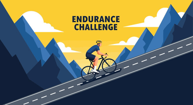 Cyclist Ascending Steep Road, Endurance Challenge Concept, Mountainous Background Illustration