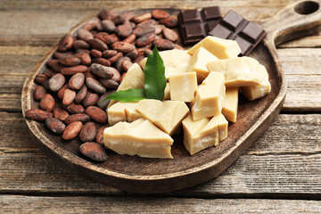 Fototapeta premium Organic cocoa butter, beans and green leaves on wooden table, closeup