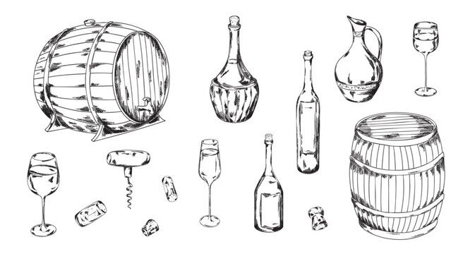 Hand drawn wine set illustrations with vineyard landscape, wine bottles, barrel, corkscrew, corks and glass. Vintage engraving style winery collection isolated on white background.