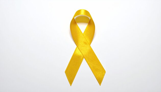 A golden yellow ribbon, looped and symbolic, lays against a plain white surface