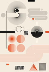 Abstract Geometric Retro Composition With Concentric Circles, Linear Lines And Minimal Orange Black Elements