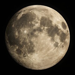 Detailed Full Moon Surface Photography with Visible Craters and Lunar Seas Isolated on Black Sky