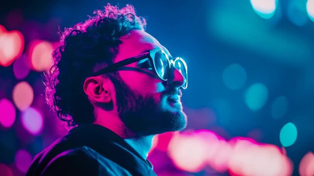 Captivating moment of confident person with beard and curly hair, donning unique eyewear amidst vibrant, electrifying light spectacle