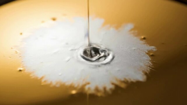 Close-up of milk splashing into a pool of milk on a surface.