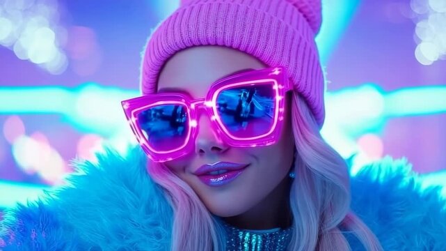 Expressive portrait of charismatic person enjoying glowing evening, adorned in cozy beanie and striking chromatic shades.