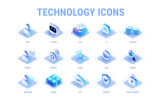 Technology icons set for workflow diagram light mode - AI and data, AI agent, machine learning, API cloud integration, server, database, security - high quality isometric vector on white background