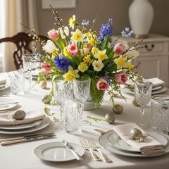 Fototapeta premium Elegant dining table set with a beautiful flower arrangement and fine china