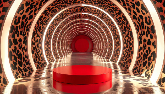 Symmetrical golden leopard patterned tunnel illuminated with circular neon lights and a central red podium. High-end fashion, cosmetic and luxury product presentation background.