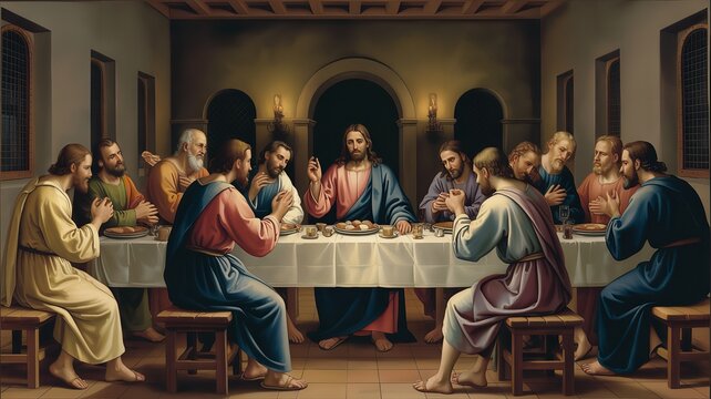 Last Supper vector illustration showing Jesus with twelve apostles seated at long table Christian tradition Eucharist biblical scene