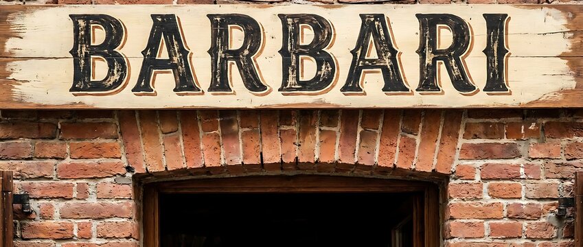 Vintage wooden Barbari sign over arched brick doorway