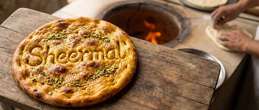 Traditional Indian Sheermal flatbread on wooden board near tandoor oven