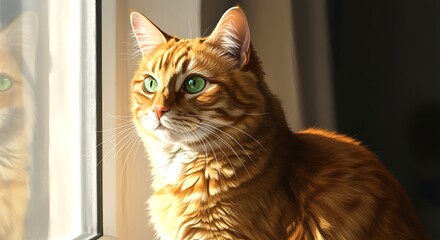 Beautiful orange cat with green eyes looking out the window serene feline moment curious pet in home environment