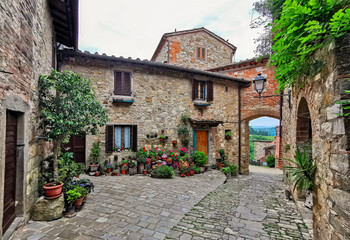 Tuscan Village Square with Stone Houses and Flowers