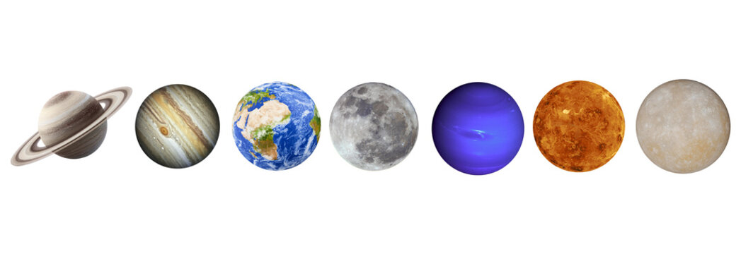 The solar system consists of the Sun, Mercury, Venus, Earth, Mars, Jupiter, Saturn, Uranut, Neptune, Pluto. isolated with clipping path on white background.Elements of this image furnished by NASA png