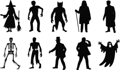 Obraz premium Halloween character silhouettes collection featuring witch, zombie, werewolf, skeleton, ghost, and spooky monsters, cad drawing flat vector illustration, isolated on white.