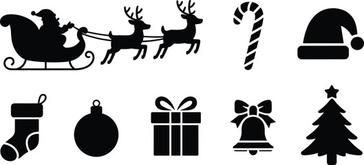 Christmas holiday icon set with Santa Claus on sleigh reindeer candy cane hat stocking ornament gift bell and tree, cad drawing flat vector illustration. © Monjila