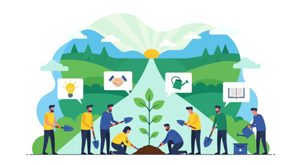Fototapeta premium A diverse group of people working together to plant a tree, symbolizing teamwork, growth, and environmental sustainability.