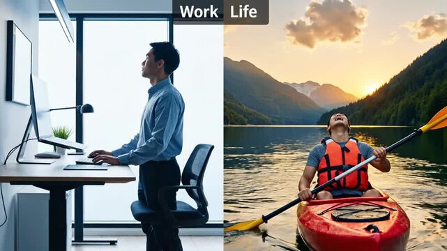 Asian man balancing office work with outdoor kayaking lifestyle