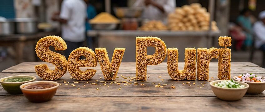Indian Street Food Snack Sev Puri Spelled in Crispy Noodles