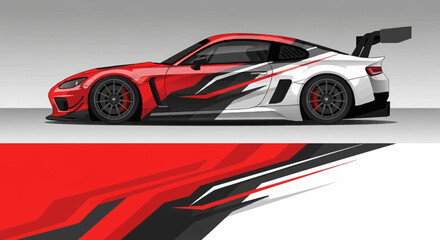 Naklejka premium Sleek red and white race car with bold graphic accents on a studio background.