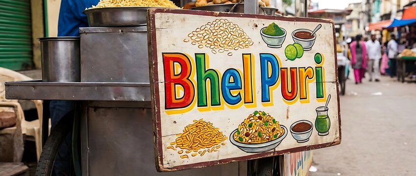 Hand painted bhel puri sign on Indian street food cart