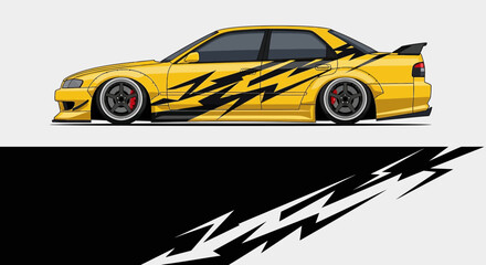 Stunning yellow sports car with bold black zigzag decals and aerodynamic racing styling for a striking street performance look. © AhzaArdiansyah