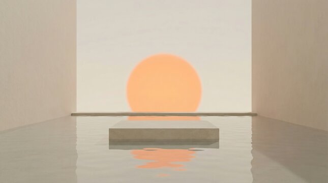 Minimalist interior with water platform and sun disk backdrop serene spa setting and relaxation ambience