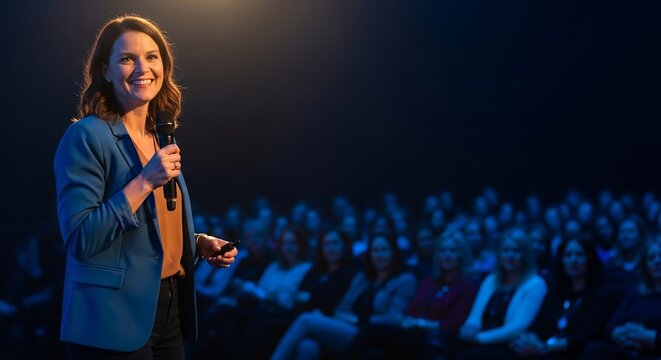 Confident female speaker smiling while holding a microphone and presenting to an engaged audience in a dark conference hall.
