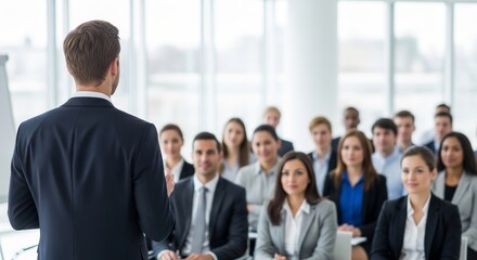 Fototapeta premium A male speaker in a suit addresses an attentive audience of diverse professionals in a modern conference room.