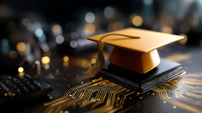 Graduation cap positioned atop circuit board representing education technology integration modern concept for learning innovation future career preparation smart technology in