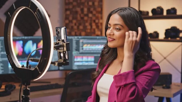 South Asian woman adjusts smartphone on ring light in modern video editing studio setup