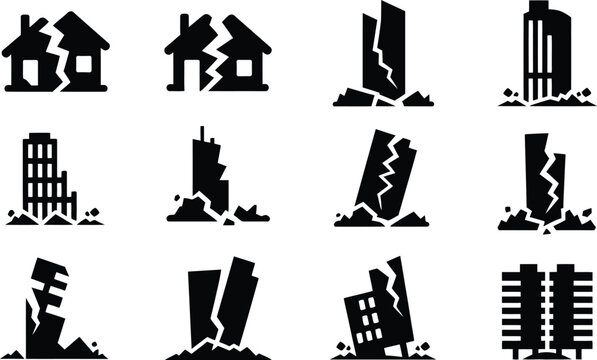 Damaged buildings and houses in various states of destruction