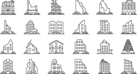 Fototapeta premium Black and white cityscape icons of various buildings and skyscrapers