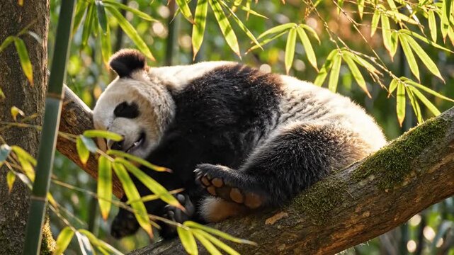 Giant panda resting on a tree branch surrounded by green leaves in a natural setting with warm tones.