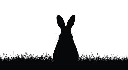 A striking black silhouette of a rabbit sitting in tall grass creating a dramatic and minimalist scene silhouette © Bsicon02