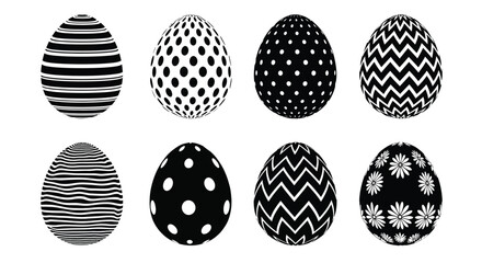 A collection of eight black and white easter eggs showcasing varied stripe and dot patterns a striking silhouette © Bsicon02