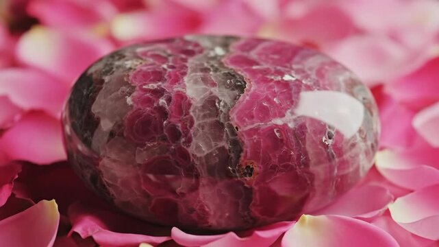 Vibrant Pink Thulite Sphere Among Rose Petals