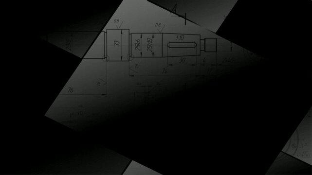 Video animation with assembly engineering drawing of steel mechanical parts with dimension lines. Animated motion effect. Computer technical cad scheme on paper sheet. Technology background.